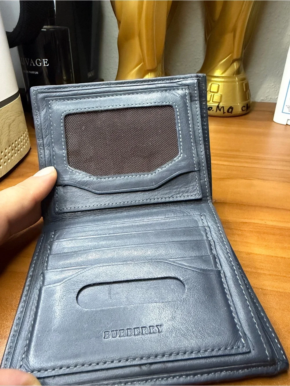 Burberry Blue Leather Bi-Fold Card Holder with ID Window